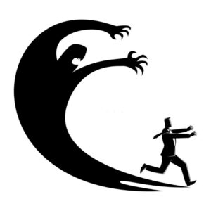 Imagem com fundo branco e um desenho de um homem sendo perseguido por sua sombra em cor preta.